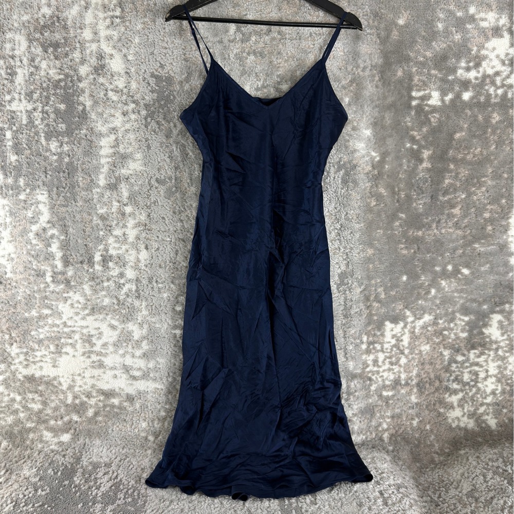 Quince Size M 100% Silk Slip V-Neck Midi Dress Navy Blue Sleeveless Women
